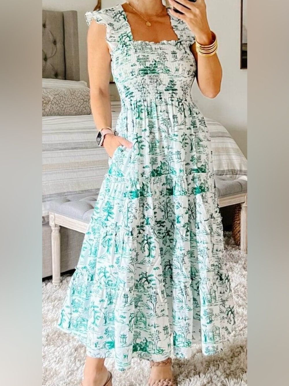 Hill House Smocked Square-Neck Maxi Dress in White & Green